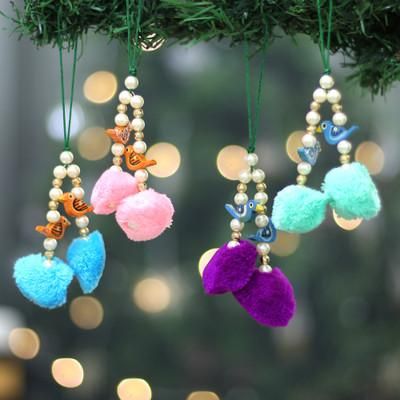 '4 Bird-Themed Wood Beaded Ornaments with Acrylic Pom-Poms'