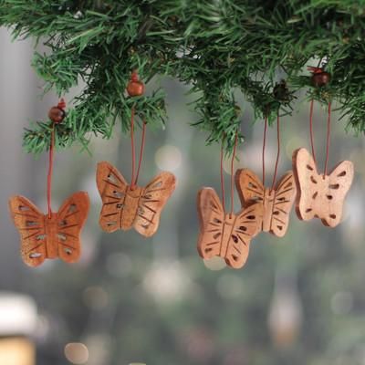 '5 Butterfly-Themed Hand-Carved Wooden Christmas Ornaments'