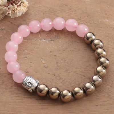 'Buddha-Themed Golden Pyrite and Rose Quartz Beaded Bracelet'