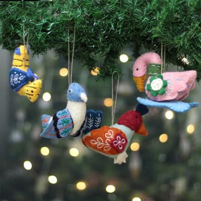 'Bird-Themed 4-Piece Embroidered 100% Wool Felt Ornament Set'