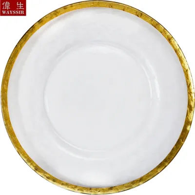 Assiette de chargeur en verre Transparent, assiette à dîner de mariage décorative, vaisselle ronde, présentoir de plateau d'exposition, conception de ligne dorée de peinture