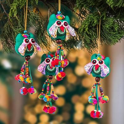 'Green-Palette Owl-Themed 4-Piece Cotton Blend Ornament Set'
