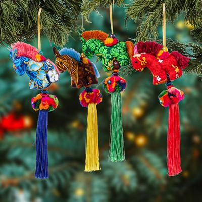 'Embroidered 4-Piece Rayon and Cotton Horse Ornament Set'