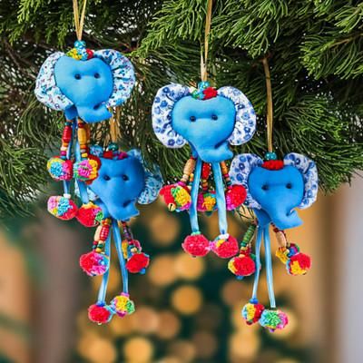 'Blue-Toned 4-Piece Cotton Blend Floral Elephant Ornament Set'