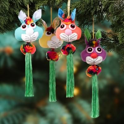 Christmas Bunnies,'4 Cotton Rabbit Christmas Ornaments with Pompoms and Tassels'
