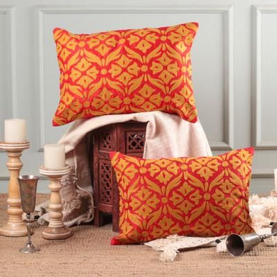 Festive Glam,'2 Rectangular Embroidered Floral Red Golden Cushion Covers'