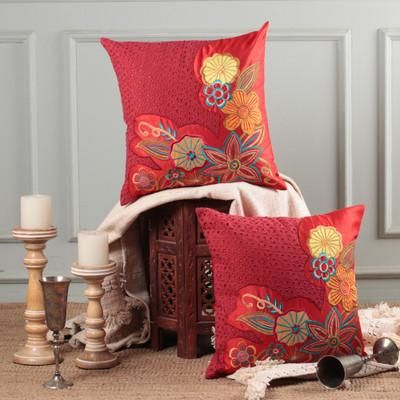 Floral Romance,'2 Red Applique Embroidered Cushion Covers with Hakoba Lace'