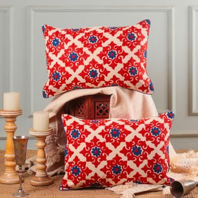 Regal Flowers,'2 Rectangular Embroidered Floral Cotton Blend Cushion Covers'