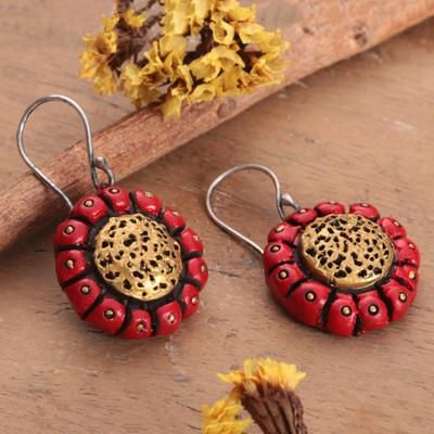 'Sunflower-Shaped Ceramic Dangle Earrings in Red and Golden'