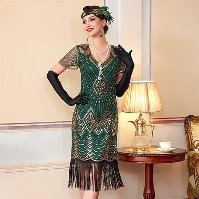 Anni Ruggenti Anni 1920 Lunghezza al ginocchio Abito Flapper Maniche corte Il grande Gatsby Paillettes Frange Scollo a V Costume Per donna Natale Carnevale speakeasy Mascherata Festa a tema retrò