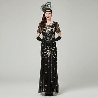 Set Anni Ruggenti Anni 1920 Lunghezza alla caviglia Vestito Abito da sera Abiti con accessori Maniche corte Il grande Gatsby Charleston Invitato al matrimonio Piuma Scollo a V Costume Per donna