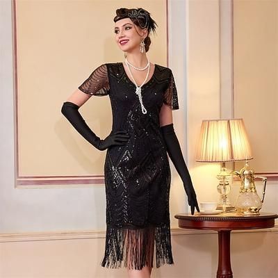 Anni Ruggenti Anni 1920 Lunghezza al ginocchio Abito Flapper Maniche corte Il grande Gatsby Paillettes Frange Scollo a V Costume Per donna Natale Carnevale speakeasy Mascherata Festa a tema retrò