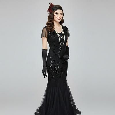 Set Anni Ruggenti Anni 1920 Lunghezza al pavimento Vestito Abito da sera Abiti con accessori Maniche corte Il grande Gatsby Invitato al matrimonio Paillettes Scollo a V Costume Per donna Festa serale