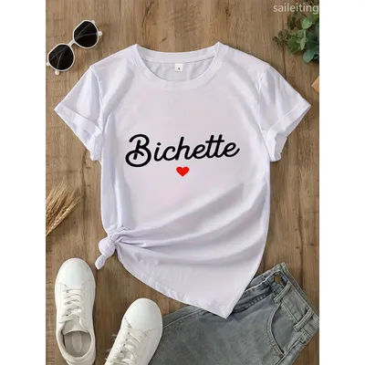 T-Shirt décontracté à manches ras du cou pour femmes, texte "Bichette", imprimé graphique de cœur, vert clair, manches d'été, Streetwear Harajuku