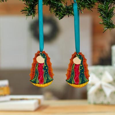'Pair of Hand-Painted Guadalupe Wood Ornaments from Mexico'