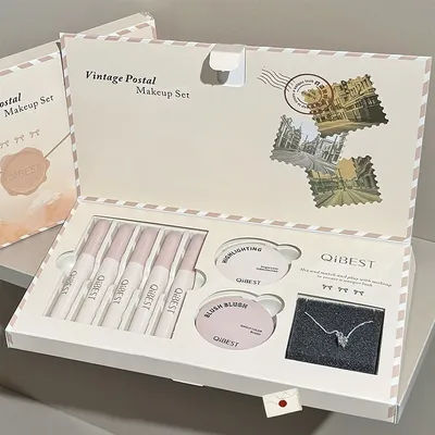 QIBEST Retro Mail Makeup Set 5pc Matte Lip Mud,1 Blush,1 Highlight And 1 Necklace Gift Multipurpose Cosmetics Kits For Women