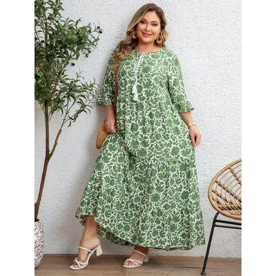 Robe longue à manches mi-longues pour femmes, grande taille, imprimé Floral vert, cravate, ample, amincissante, Style Boho