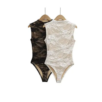 Body Sexy en dentelle sans manches, col rond, élastique, Slim, haut d'été, combinaisons