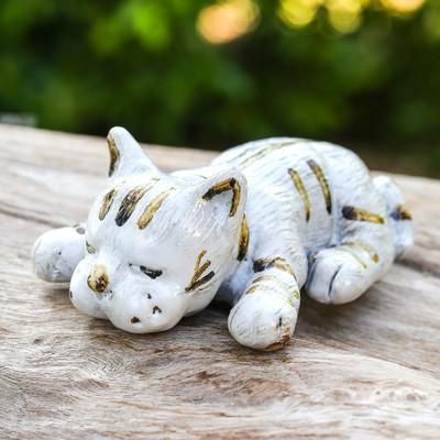 'Whimsical Hand-Painted Ivory and Brown Ceramic Cat Statuette'