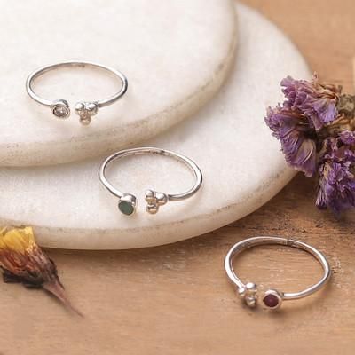Luxurious Trio,'3 Silver Stacking Wrap Rings with Emerald Ruby White Quartz'