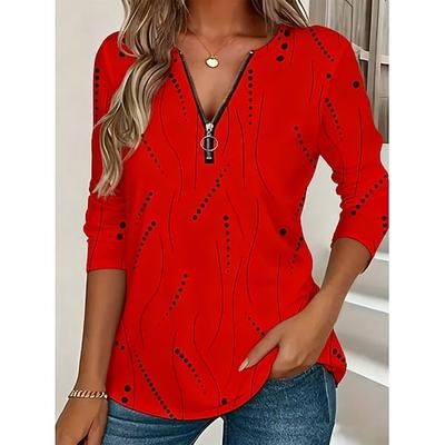 Per donna Maglietta Cerniera Stampato Grafico Geometrico Vintage Moda Elegante Manica Lunga Girocollo Scollo a V Top Regolari Quotidiano Blu Bianco Giallo Rosa Rosso Primavera Autunno Inverno