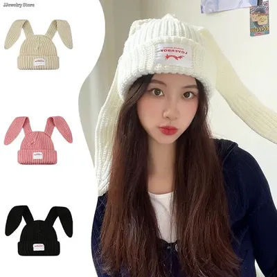 Bonnet à longues oreilles de lapin pour femme, chapeau au crochet avec des oreilles de lapin mignonnes, chapeaux chauds d'hiver, 1PC