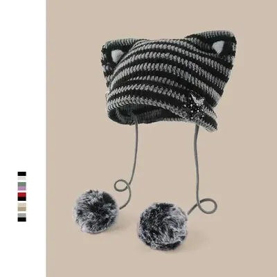 Chapeaux chauds pour femmes, faits à la main, Y2k, bonnets japonais avec oreilles de chat, poils de lapin, Pom-pom rayé, bonnet en tricot pour fille, automne et hiver