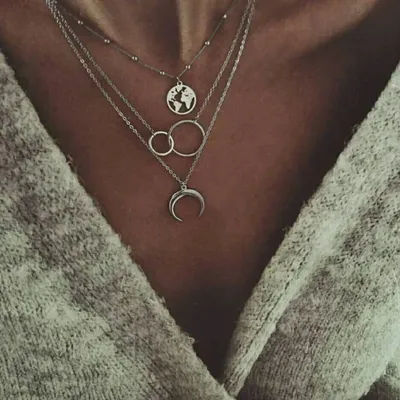 SUMENG 2024 New Fashion Retro Moon World Map Circle Pendant Multilayer Necklace Party Charm Jewelry Accessories For Women Gifts