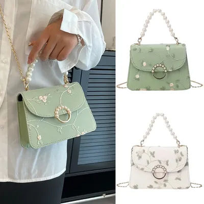 Sac à main asymétrique épaule dénudée avec chaîne pour femmes, sans positionnement, dentelle brodée de perles, petit sac carré blanc vert