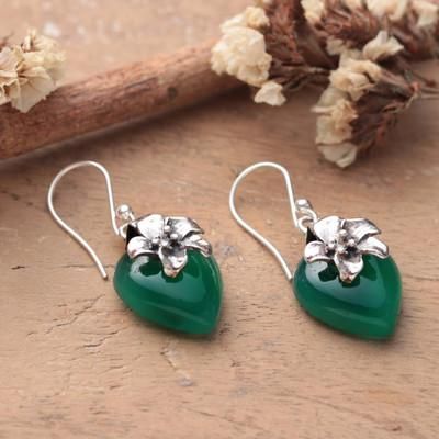 'Heart-Shaped Green Onyx Dangle Earrings with Floral Details'