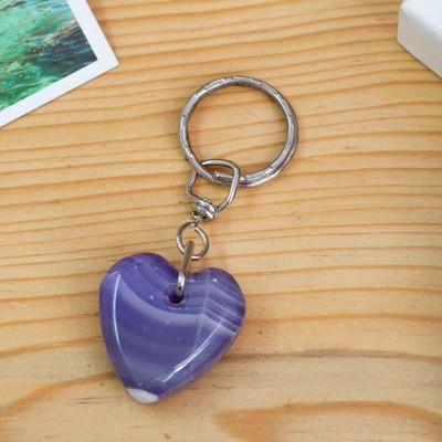 'Hand-Carved Romantic Onyx Heart Keychain in Purple Hues'