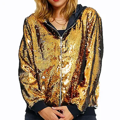 Veste à capuche rouge scintillant avec décoration de paillettes pour femmes, vêtements d'extérieur dorés à la mode avec options argent bleu violet vert