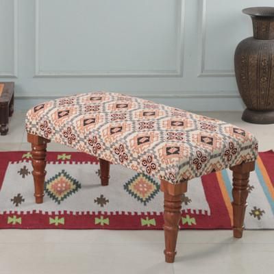 'Earthy-Toned Classic Patterned 100% Cotton and Wood Ottoman'