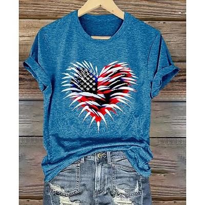 Maglietta patriottica da donna per il Giorno dell'Indipendenza con stampa grafica della bandiera vintage elegante classica maniche corte collo rotondo regolare top quotidiani weekend blu nero bianco