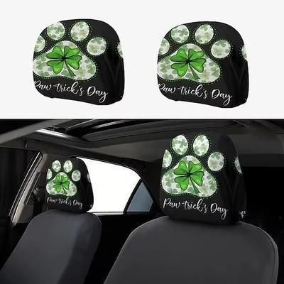 Copri poggiatesta per auto con trifoglio verde, 2 pezzi adatti a tutti i veicoli, neri stampa trifoglio verde, design piatto 2D, poliestere, facile da installare - accessori auto per il giorno di