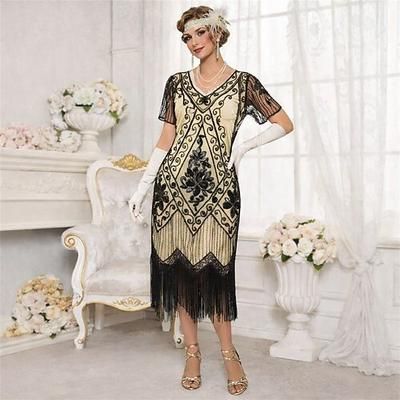 Anni Ruggenti Anni 1920 Lunghezza al ginocchio Vestito Nozze Addio al celibato Maniche corte Il grande Gatsby Charleston Invitato al matrimonio Paillettes Frangia con nappe Scollo a V Costume Per