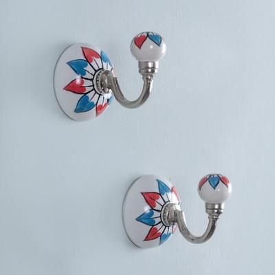 'Hand-Painted Floral Blue and Red Ceramic and Iron Hook Pair'