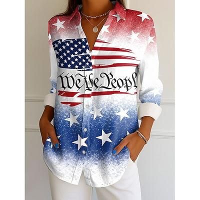 Giorno dell'Indipendenza Camicia Blusa Patriottica da Donna Grafica Bandiera Vintage Quotidiana Elegante Maniche Lunghe Collo Camicia Magliette Regolari Quotidiane Bottoni Stampa Giallo Rosso Viola