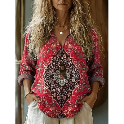 Blusa da donna in lino come traspirante leggera grafica geometrica bohemia vintage quotidiana manica lunga scollatura a V top lunghi quotidiani stampa blu vino estate primavera