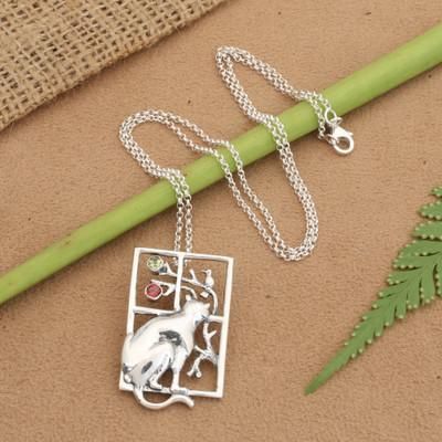'Cat-Inspired Natural Garnet and Peridot Pendant Necklace'