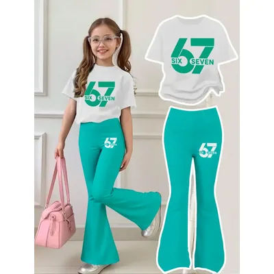 Tenue vert menthe frais à manches courtes avec lettres et chiffres pour filles de 4 à 12 ans, avec haut blanc à manches courtes et imprimé lettres et chiffres vert menthe « 67 Six Seven » sur pantalon