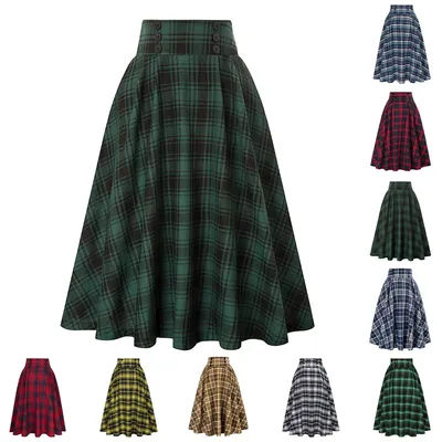 SISHION 2025 automne nouveau une ligne boutons pivotants longue Midi Vintage Jupe SS0037 rouge vert taille haute jupes à carreaux pour les femmes Jupe