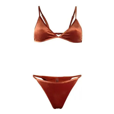 Ensemble bikini en velours Fours Colors Coupe triangulaire réglable | Maillot de bain élégant rouge vin/or/Orange/vert pour plage et piscine