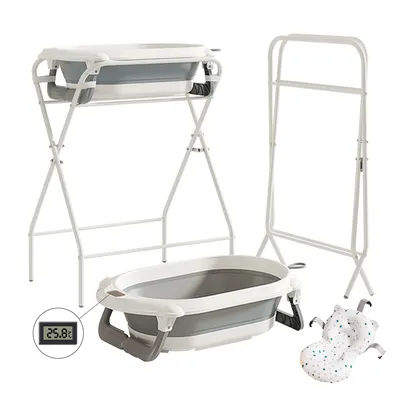 3 in 1 Baby Bath with Stand, Foldable Baby Bath Tub for Newborn to Toddler with Thermometer & Bath Pillow,Multifunctional,Grey