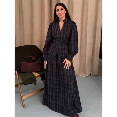 HH femme jupe costume mode Plaid manches longues simple boutonnage col en V chemise hauts + Chic taille haute fermeture éclair jupe longue plissée