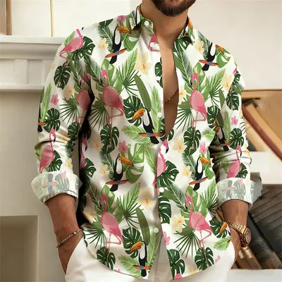 Chemise à manches longues pour hommes avec imprimé flamant rose et tucan, chemise décontractée à motif de plantes tropicales fraîches, haut tendance, tailles S-6XL