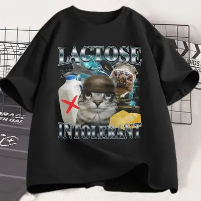 Lactose Intolerant Funny Cat Meme Print T-Shirt Women Retro Short Sleeve Fashion Harajuku Kawaii T-shirt Women's Y2K Clothing