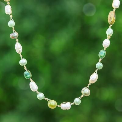 Lush Elegance,'Beaded Necklace with Peacock Green and White Cultured Pearls'