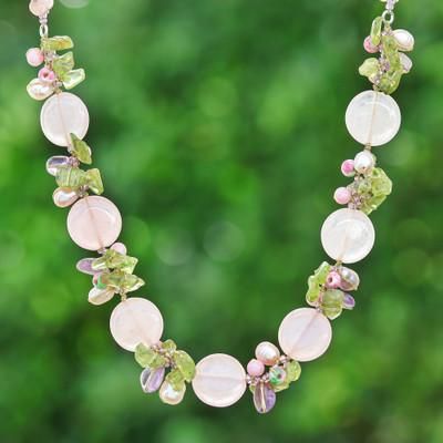 Sweet Romance,'Quartz Peridot Amethyst Cultured Pearl Glass Beaded Necklace'