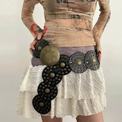 Ceinture pour femme haute couture, style Harajuku Y2K, design rétro avec clous, ceinture longue patchwork